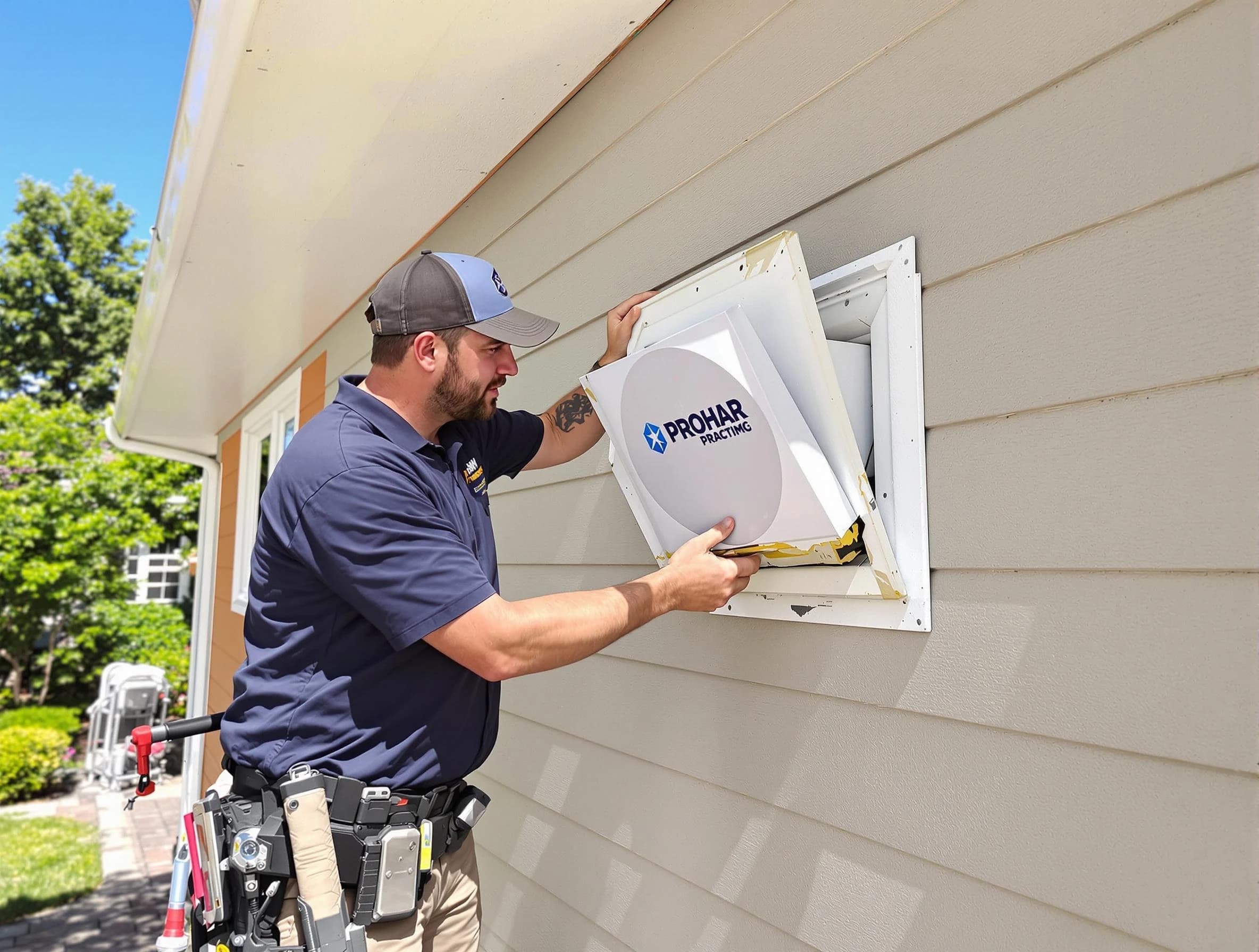 Shelbyville Dryer Vent Cleaning technician installing a new protective dryer vent cover on a home in Shelbyville