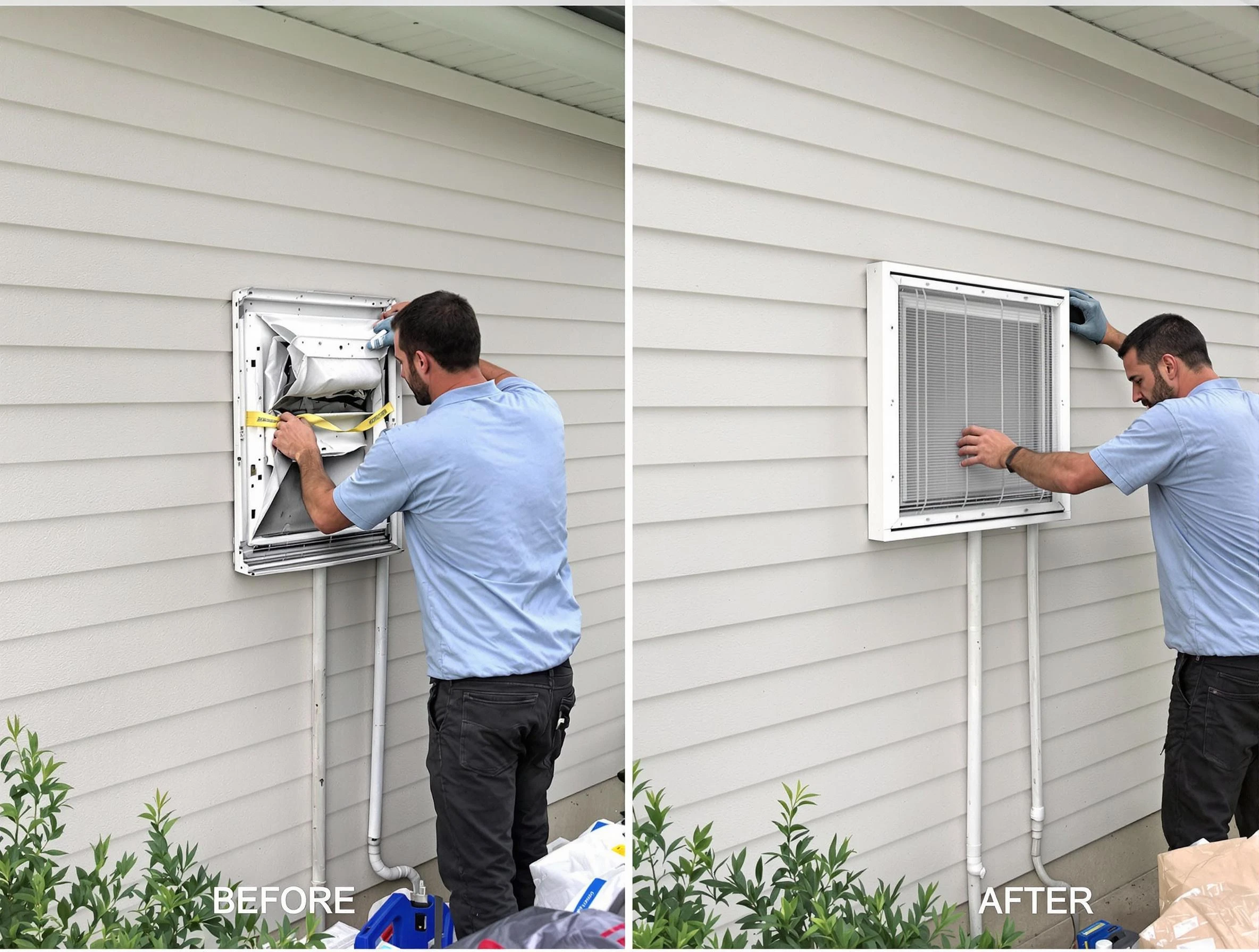Shelbyville Dryer Vent Cleaning technician installing high-quality dryer vent cover at a residential property in Shelbyville